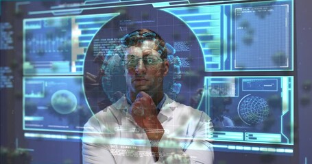 Animation of virus cells and digital interface over male doctor - Powered by Adobe