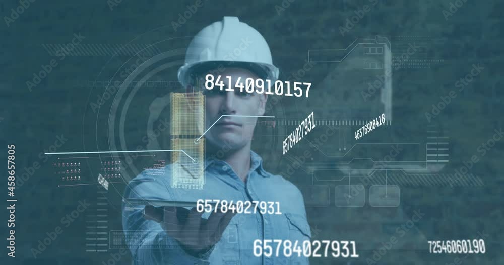 Poster animation of numbers changing and data processing over male worker