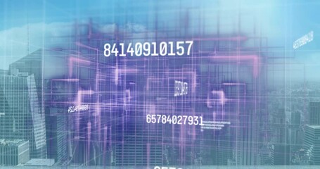 Animation of numbers changing and data processing over cityscape - Powered by Adobe