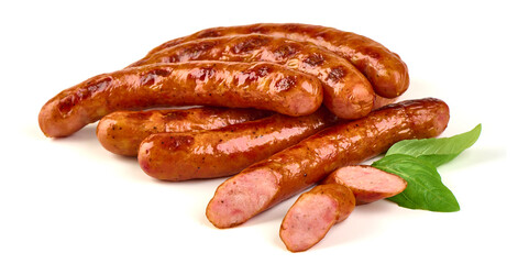 Roasted sausages, isolated on white background.