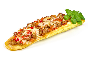 Zucchini halves stuffed with minced meat and vegetable, isolated on white background.