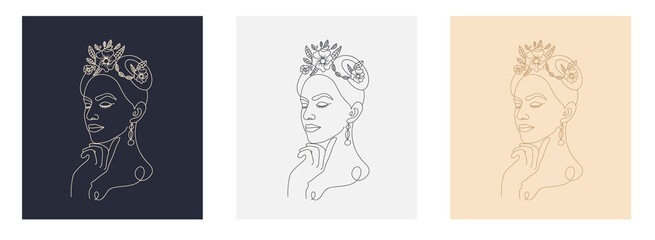 Vector minimalist style continuous one line art portrait. Line flower, woman Hand drawn abstract feminine print. Use for wall decor, beauty logo, poster illustration, card, t-shirt print 