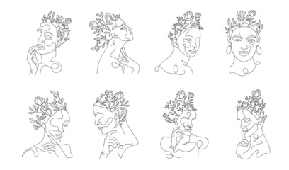 Hand drawn feminine woman beauty minimal face and floral botanical logo template for makeup spa salon skin & hair care line art portrait vector printable illustration design