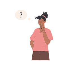 African black skin thinking character. Portrait of thoughtful person with question mark. Young woman solving problem, making decision. Flat style vector illustration.