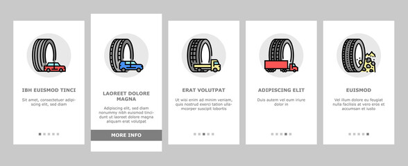 Used Tire Sale Shop Business Onboarding Mobile App Page Screen Vector. Winter And Summer Seasonal Used Tire For Truck And Car, Farm Tractor And Motorcycle Illustrations