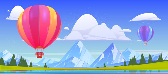 Summer landscape with flying hot air balloons, lake and mountains. Vector cartoon illustration of colorful airships with baskets fly over river, green meadows, coniferous forest and white rocks