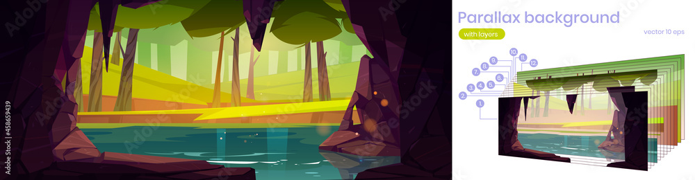 Poster cave in rock with lake and forest with grass and trees outside. parallax background with layers for 