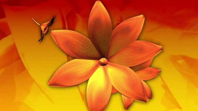 Flying flowers.Seamless Looped animation of a orange gentle flower with petals.  3D Fantasy Sparkling beautiful cute floral Animation.