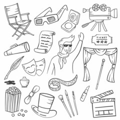 actor or artist jobs or profession doodle hand drawn set collections with outline black and white style