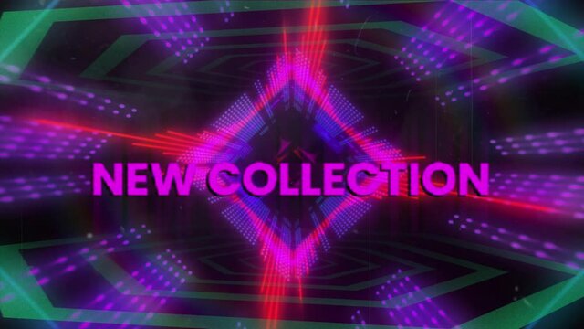 Animation of new collection text over glowing geometrical purple background