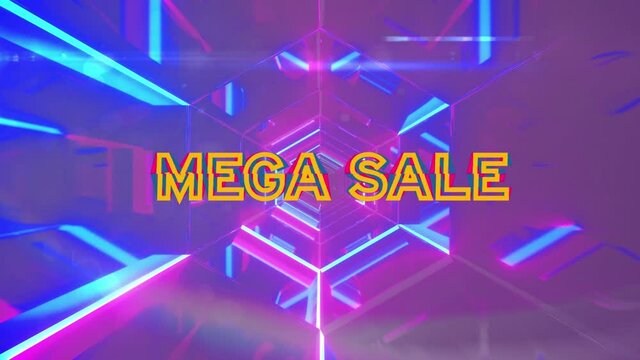 Animation of mega sale text over kaleidoscopic colorful background
