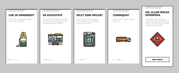 Gas Station Refueling Equipment Onboarding Mobile App Page Screen Vector. Diesel And Gasoline, Ethanol And Methanol Gas Station, Wheel Inflation And Car Washing Service Illustrations