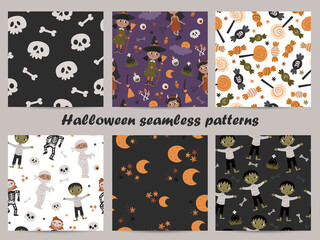 Halloween set of seamless patterns with kids in costumes.
