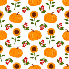 Pattern with pumpkins, sunflowers and berries