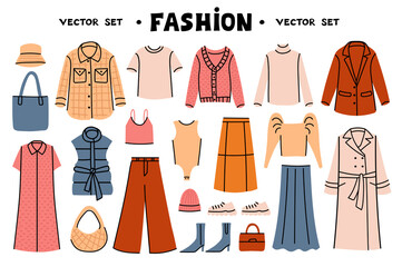 Vector set on theme of fashion. Isolated flat doodles of women's wardrobe. Illustrations of clothes for use in design - 458662228