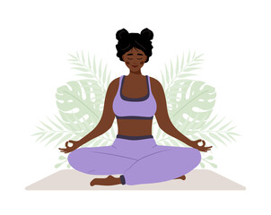 Abdominal breathing. African woman practicing belly breathing for relaxation. Breath awareness yoga exercise. Meditation for body, mind and emotions. Spiritual practice. Cartoon vector illustration. - obrazy, fototapety, plakaty