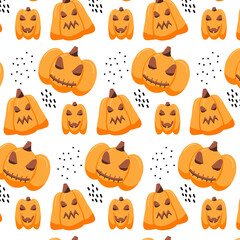Obraz premium Hand-drawn seamless pattern with Halloween pumpkins. Eerie scary pumpkin pattern. The pattern is suitable for wrapping paper, textiles, prints, banners.