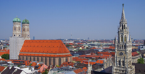 Panoramic skyline view of Old Town downtown Munich Muenchen, Bavaria with landmark Frauenkirche...