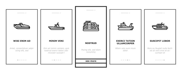 Boat Water Transportation Types Onboarding Mobile App Page Screen Vector. Runabout And Catamaran, Fishing And Bowrider, Motor Yacht And Cabin Cruiser Boat Illustrations