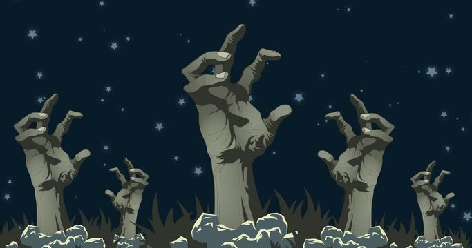 Animation of zombie hand out of ground in cemetery