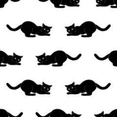 Seamless pattern with cute black cats. Texture for wallpapers, stationery, fabric, wrap, web page backgrounds, vector illustration