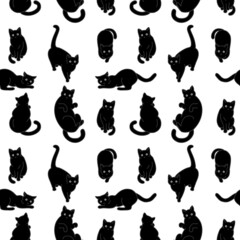 Seamless pattern with cute black cats. Texture for wallpapers, stationery, fabric, wrap, web page backgrounds, vector illustration