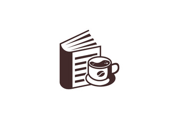 book and a glass of coffee logo design. the logo template use flat brown color isolated on white background