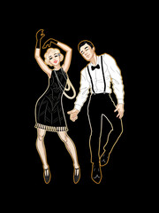 Retro party card, man and woman dressed in 1920s style dancing, flapper girl, handsome guy in vintage suit, twenties, vector illustration - 458663894