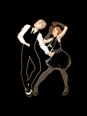 Retro party card, man and woman dressed in 1920s style dancing, flapper girl, handsome guy in vintage suit, twenties, vector illustration