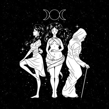 Three women figures, symbol of Triple goddess as Maiden, Mother and Crone, moon phases. Hekate, mythology, wicca, witchcraft. Vector illustration