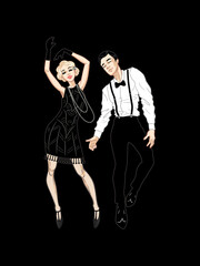 Retro party card, man and woman dressed in 1920s style dancing, flapper girl, handsome guy in vintage suit, twenties, vector illustration