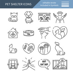Pet shelter line icons collection, minimalistic design of cats and dogs rescue symbols, vector illustration