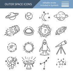 Space icons set, minimalistic collection of astronomy symbols and planets, vector illustration