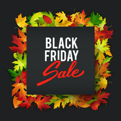 Black friday advertisement banner with realistic autumn leaves, vector illustration