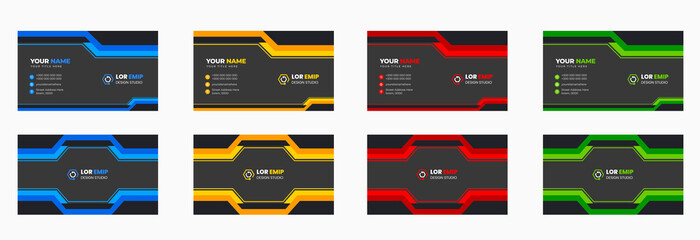 modern creative business card design template with Blue, yellow, red, and green color. unique shape modern business card design.