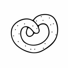 Doodle pretzel swirling in the shape of a heart. Hand-drawn outline bakery isolated on white background. Cookie sign of love, Valentines Day, Oktoberfest, celebration, No diet day. Vector illustration
