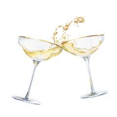 Two glasses of champagne. Watercolor drink illustration. © Ann Lou