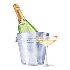 Watercolour champagne bottle in ice-bucket and glass. Watercolor drink illustration.