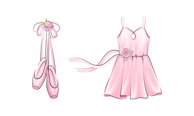 Ballerina accessories set. Pink pointes and ballet dress hand drawn vector illustration