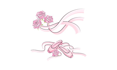 Ballerina accessories set. Pink pointes and rose flowers with bow hand drawn vector illustration