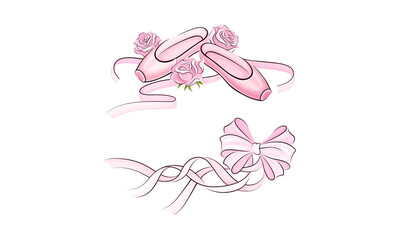 Ballerina pink accessories set. Pointes and bow hand drawn vector illustration