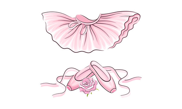 Ballerina accessories set. Pink pointes and ballet skirt hand drawn vector illustration