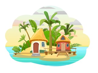 Bungalow on the island. In the blue calm sea. Summer seascape. Beach hut by the ocean. Isolated on white background. Coastal Village. Palm trees and tropical plants. Vector.