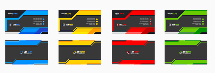 modern creative business card design template with Blue, yellow, red, and green color. unique shape modern business card design.