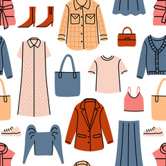 Vector seamless pattern with women's clothes, wear. Cartoon background on the theme of fashion for use in design
