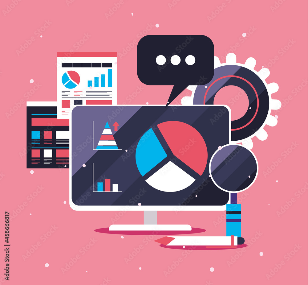 Poster computer with pie chart and loupe