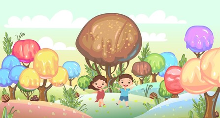 Kiddies on Candy Background. Cartoon sweet land. Boy and girl. Ice cream and caramel. Chocolate tree. Cute childrens fairytale holiday landscape. Fantastic illustration. Vector