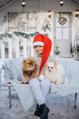 A little boy dressed in a red Santa hat holds two Spitz puppies in his arms. The child sits with dogs on the background of a white winter house. Christmas present for kid - 458667448