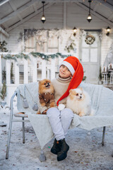 A little boy dressed in a red Santa hat holds two Spitz puppies in his arms. The child sits with dogs on the background of a white winter house. Christmas present for kid