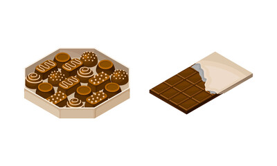 Box of chocolates and bar of chocolate vector illustration on white background